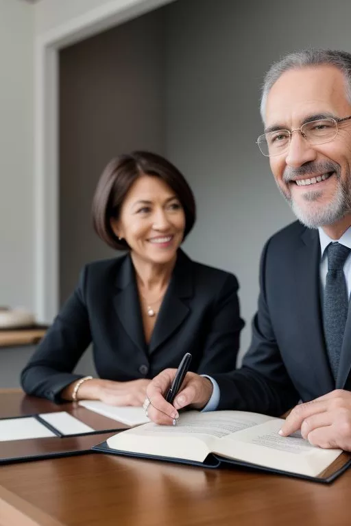 Hombre firmando un contrato junto a una mujer