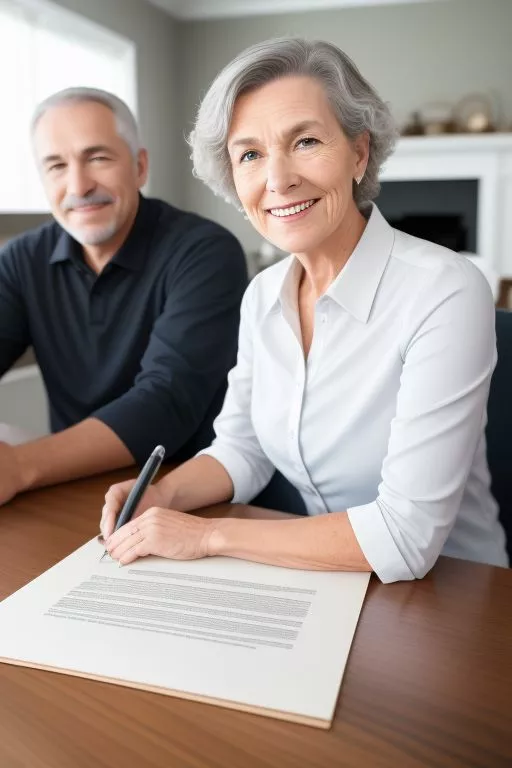 Mujer firmando un contrato junto a un hombre